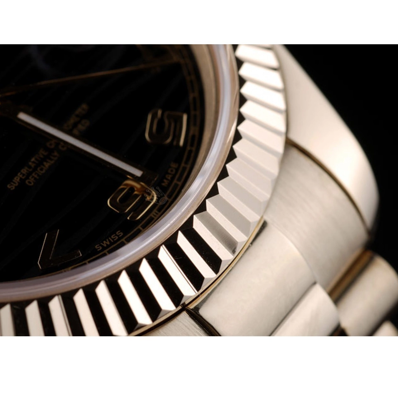 Aaa replica watch Steel Bezel Gold Swiss DayDate Stainless Dial Ribbed Rolex Black 41998 0726
